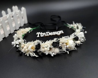Dried Floral Crown, Black and White Flower Crown, Noir Bloom Headpiece, Wedding Flower Crown, Ivory Dried Crownead piece, dried ivory crown