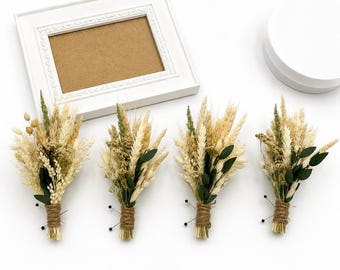 Dried Flower Boutonniere with Eucalyptus & Yarrow, Rustic Wedding Buttonhole, Wheat Groom Boutonniere, Boho Greenery Wedding Flowers