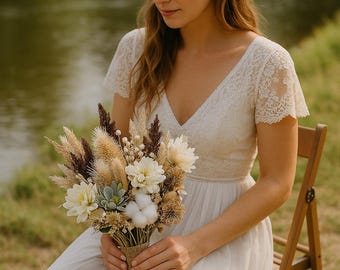 Boho Rustic Bridal Bouquet White and Ivory Dried and Faux Flowers Neutral Wedding Bouquet Fall Bride Bouquet with Cotton and Daisy