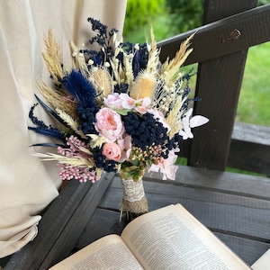 Navy and Blush Silk Wedding Bouquet - Stunning floral arrangement for elegant weddings.