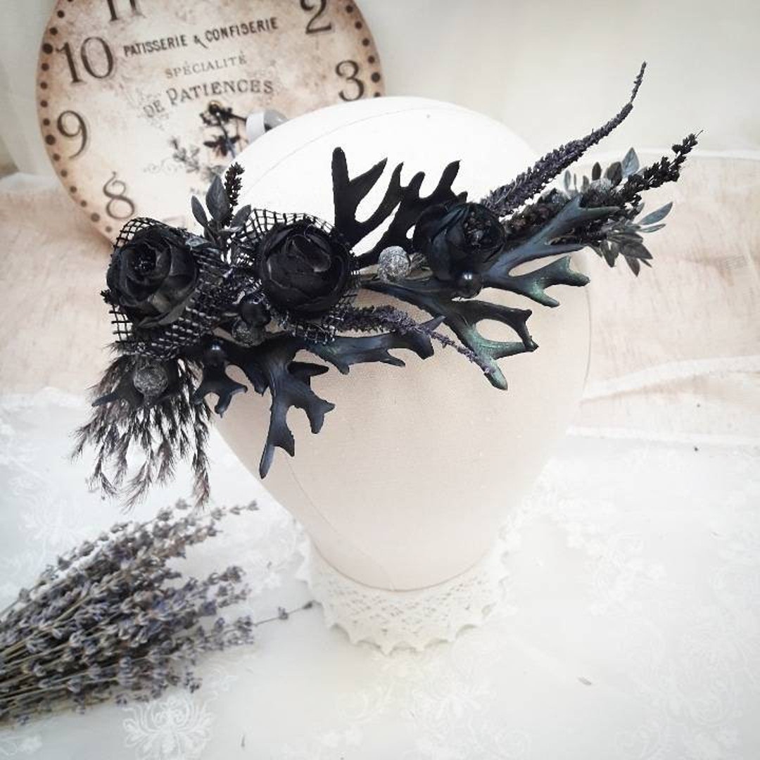 Black Flower Headband, All Black Rose Headband, Black Silver Tiara
