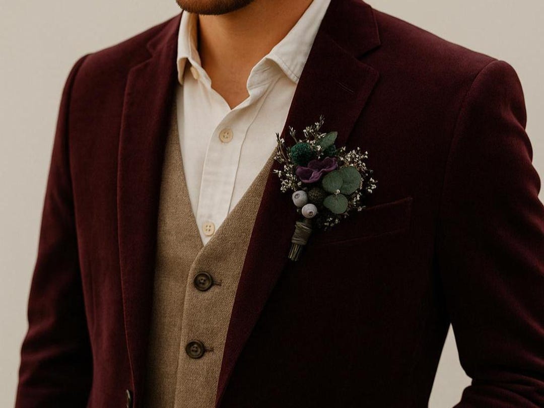 Dried Flower Boutonniere for Groom in Deep Purple and Green Tones, Boho ...