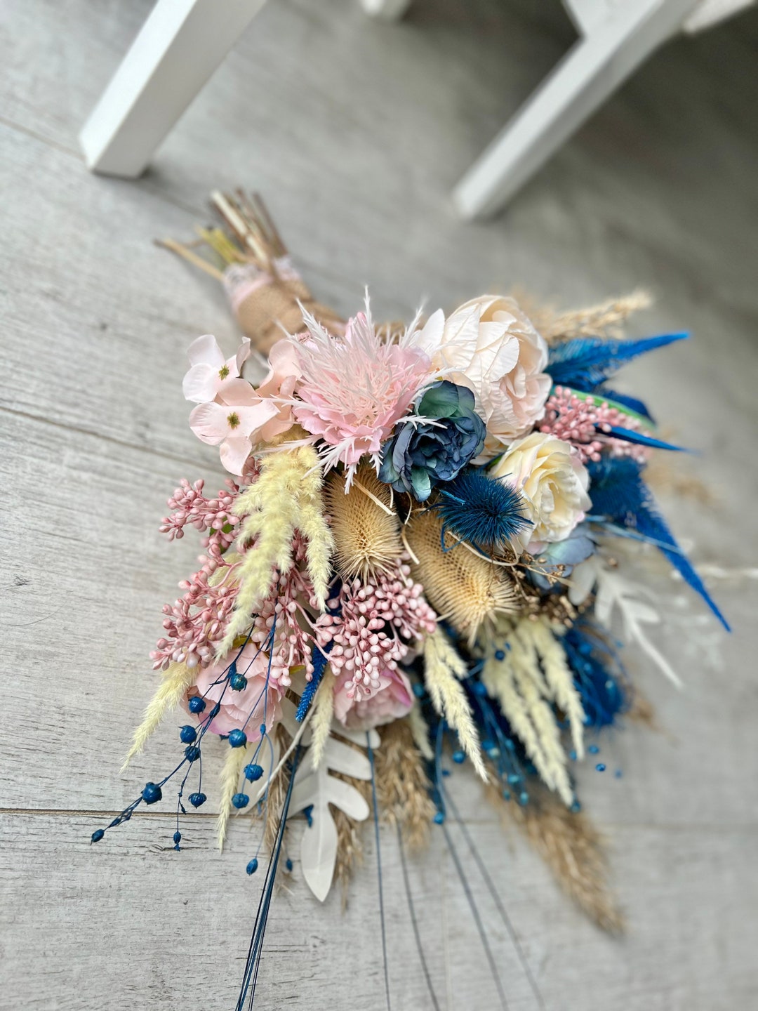 Navy Blue and Blush Pink Wedding Bouquet: Elegant Floral Arrangement ...