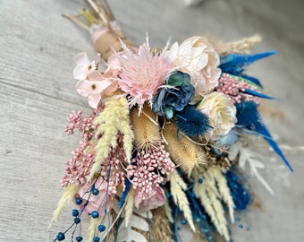 Chic Pink Rose & Navy Pampas Bouquet: Bride&#39;s Dried Flower Arrangement in Blush  Blue | Elegant Wedding Bouquet with Navy Blue Accents