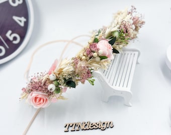 Boho pink flower crown, dried and artificial floral headpiece, rustic wedding wreath, blush bridal hair accessory