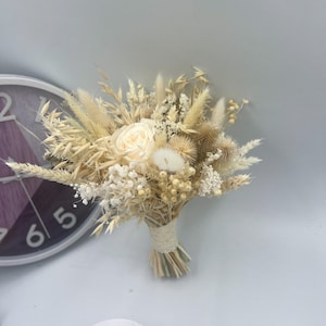 Boho wedding bouquet with ivory dried flowers, wheat, bunny tails – bride and bridesmaid size available