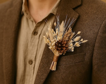 Rustic Pinecone Boutonniere with Dried Flowers, Fall Groom Pin, Natural Wedding Buttonhole, Boho Groomsmen Floral Pin, Handmade Accessory