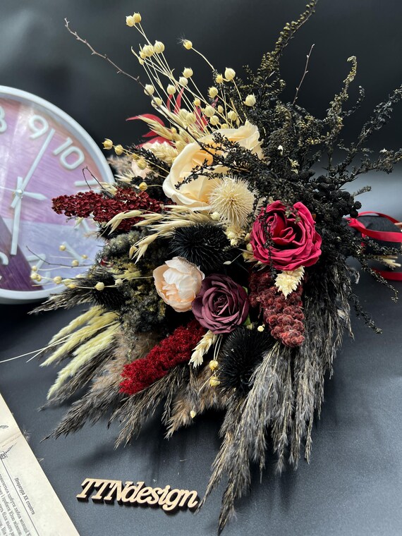 Bouquet De Mariée Gothique Artificiel - Style Sombre Noir Et Bordeaux, Pour Cérémonie, Anniversaire, Décoration - 6