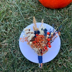 Navy Blue and Rust Wedding Boutonniere, Dried Flower Buttonhole, Boho Groom Accessories, Navy Orange Wedding Flowers