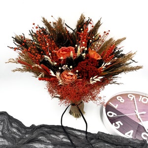 Buquê de casamento boho de outono, buquê de noiva terracota e preto, flores secas e artificiais, buquê de outono, flores rústicas de casamento