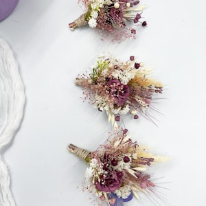 Mauve and Burgundy Dried Flower Boutonniere with Purple Accents, Rustic Boho Wedding Groom Lapel Pin, Prom Corsage, Groomsmen Accessory