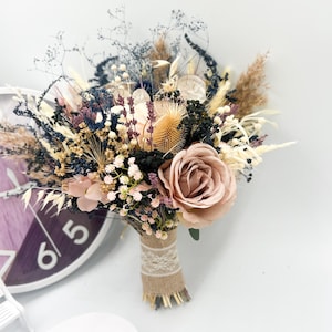 Dusty Rose Dried Flower Bouquet – Blush Beige Boho Bridal Bouquet with Natural Grasses & Navy Accents for Rustic Wedding