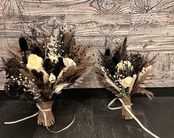 Gothic Wedding Bouquet: Black Roses and Pampas Flower Bouquet for Halloween and Elegant Black Weddings. Arrangement for Wedding Bouquet