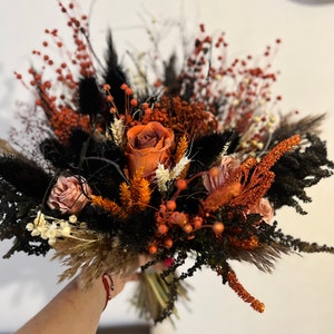 Terracotta Rose Gothic Wedding Bouquet: Black Autumn Bouquet with Dried Flower Arrangements. Perfect for Halloween-Themed Weddings.