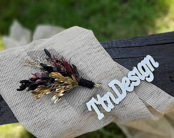 Black Gold Gothic Wedding Boutonniere, Halloween Groom Buttonhole, Burgundy Dried Flower Boutonniere, Elegant Gothic Accessory