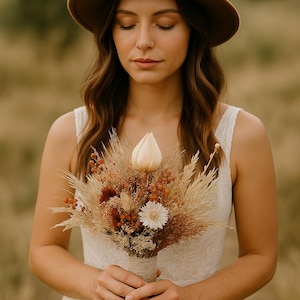 Rust Orange Dried Flower Wedding Bouquet – Boho Fall Bridal Bouquet, Natural Pampas & Wheat Flowers, Autumn Rustic Decor