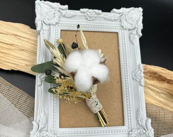 Boutonnière en coton rustique – Boutonnière en fleurs séchées pour mariage, marié, garçons d'honneur, bohème, hiver, forêt, fleurs préservées