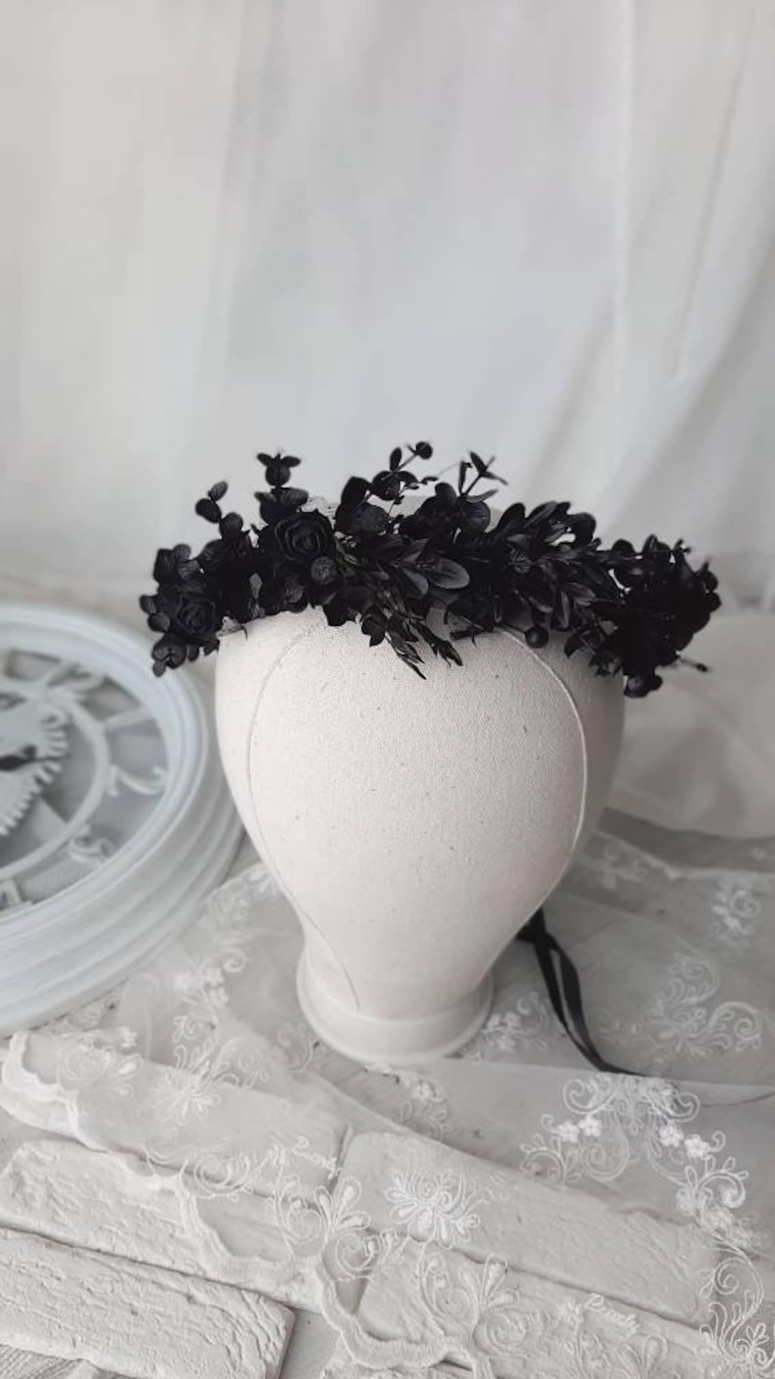 Black Rose Hair Wreath Black Flower Crown Black Headdress - Etsy