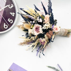 Dried Flower Wedding Bouquet in Navy and Blush – Boho Mavie Rose Bridal Bouquet with Lavender and Pampas