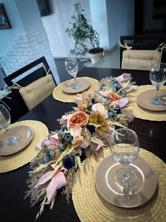 Wedding Centerpiece Terracotta Pampas Grass Navy Blue Pink Dried - Main Image