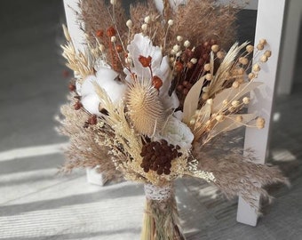 Rustic Dried Flower Bridal Bouquet, Boho Pampas Wedding Bouquet, Natural Beige and Brown Bouquet, Fall Wedding Bouquet, Bridesmaid Bouquet