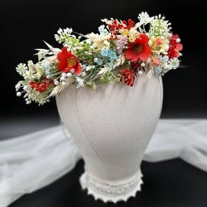 Ukrainian Colorful Flower Crown for Wedding, Bohemian Hair Crown, Colorful Flower Girl Hairpiece, Summer Floral Crown, Bridal Headpiece