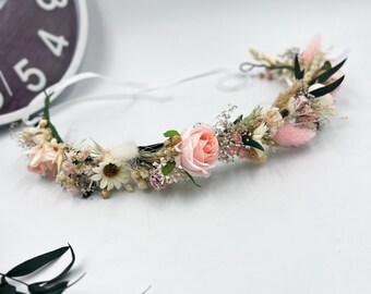 Blush Pink Flower Crown with Dried & Artificial Flowers – Boho Wedding Headpiece for Bride or Bridesmaid