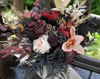 Purple black pink flowers Fall bridal bouquet Faux bouquet Fall wedding Halloween wedding Silk flowers Boho wedding Burgundy black bouquet