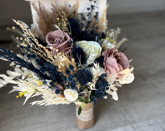 Navy blue Ivory Bouquet, Dried beige Wedding bouquet, Blue Bridal bouquet, Bridesmaid bouquets, Wedding Boho Bouquet, Dried rustic bouquet