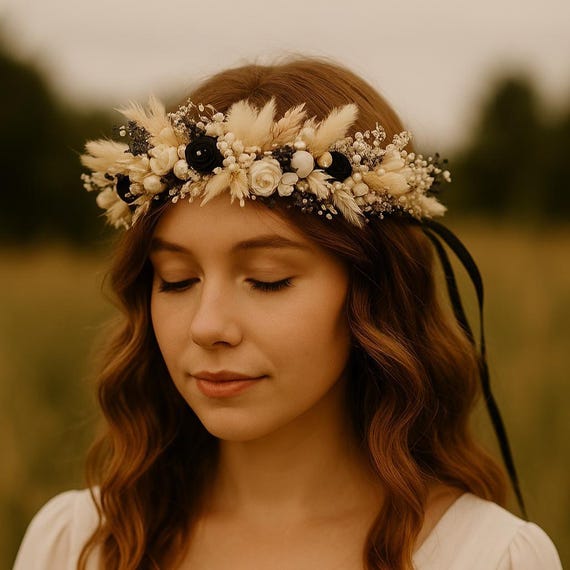 Black and Ivory Dried Flower Crown – Gothic Headpiece With  display picture 3