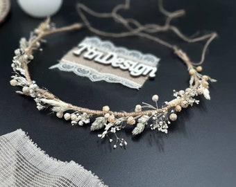 White and beige Boho wedding headpiece for Bride hair accessories Bridal flower crown headband for Wedding hair piece for women