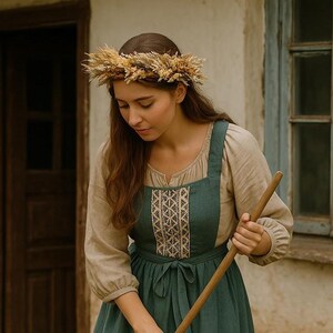 Peut inclure: Une femme portant une robe verte et marron avec une couronne de fleurs séchées sur la tête tient un balai en bois.