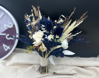 Navy blue Ivory Bouquet, Dried beige Wedding bouquet, Blue Bridal bouquet, Bridesmaid bouquets, Wedding Boho Bouquet, Dried rustic bouquet