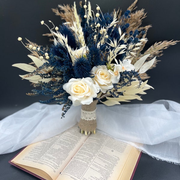 Navy blue Ivory Bouquet, Dried beige Wedding bouquet, Blue Bridal bouquet, Bridesmaid bouquets, Wedding Boho Bouquet, Dried rustic bouquet