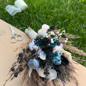 Jewel-Tone Wedding Bouquet, Black and Teal Bridal Bouquet, Faux Boho Bouquet, Dark Teal Flowers, Alternative Wedding Flowers