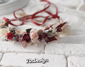 Dried flower crown, Burgundy flower crown, Fall wedding flower crown, flower girl crown, baby girl headbend, red flower crown, dried crown