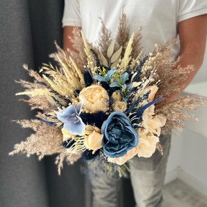Navy blue Ivory Bouquet, Dried beige Wedding bouquet, Blue Bridal bouquet, Bridesmaid bouquets, Wedding Boho Bouquet, Dried rustic bouquet