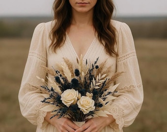 Navy blue Ivory Bouquet, Dried beige Wedding bouquet, Blue Bridal bouquet, Bridesmaid bouquets, Wedding Boho Bouquet, Dried rustic bouquet