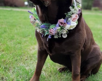 Pet Flower Collar, Flower Crown, Pet Wreath • Faux Florals •CUSTOM to YOU• Tie Ribbon• Dog of Honor & Cats •Engagement, Wedding, Photoshoot