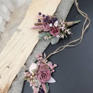 Mauve blush pink purple wedding set Floral accessories Boutonniere Groom Groomsmen buttonhole Wedding flowers Fall wedding Wrist corsage