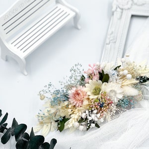 Dried flower hair piece, Blue, pastel pink and White hair comb, Bridal hair piece, Boho headpiece, Rustic hair piece, Wedding hair piece