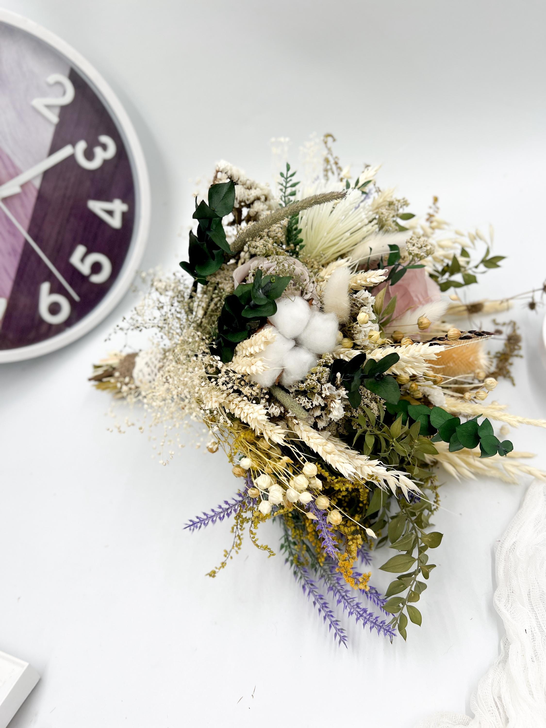 Rustic dried flower bridal bouquet with cotton & preserved roses - boho wedding bouquet, bridesmaid bouquet set
