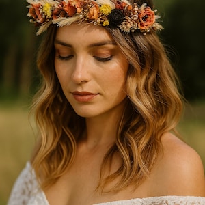 Terracotta Rust Dried Flower Crown – Fall Wedding Hair Wreath, Boho Autumn Headpiece, Floral Halo for Bride or Bridesmaid