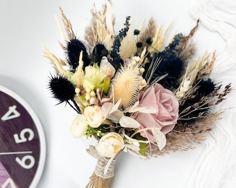 Boho Dried Flower Bouquet – Navy Blue, Ivory Mauve Wedding Flowers, Rustic Bridal Bouquet, Dried & Preserved Flowers, Unique Gift