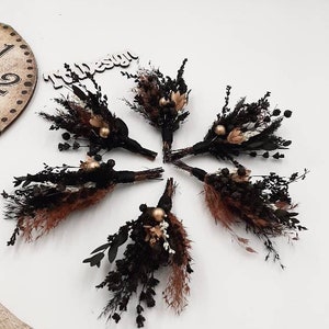 Gothic Wedding Accessories | Black and Gold Dried Boutonniere for Men | Halloween Groomsmen Boutonniere