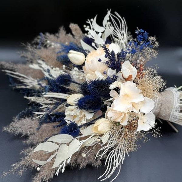 Navy blue Ivory Bouquet, Dried beige Wedding bouquet, Blue Bridal bouquet, Bridesmaid bouquets, Wedding Boho Bouquet, Dried rustic bouquet