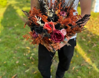 Black Orange Gothic Wedding Bouquet, Dried Flower Autumn Bridal Bouquet, Halloween Wedding, Rustic Wedding Flowers, Vintage Wedding Bouquet