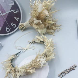 Ivory dried flower bouquet with wheat and bunny tails for rustic boho wedding decor