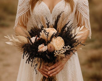 Gothic Black Dried Flower Bridal Bouquet – Unique Alternative Wedding Bouquet, Halloween Dark Floral Arrangement