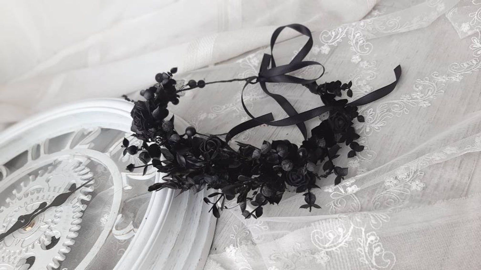 Black Rose Hair Wreath Black Flower Crown Black Headdress - Etsy